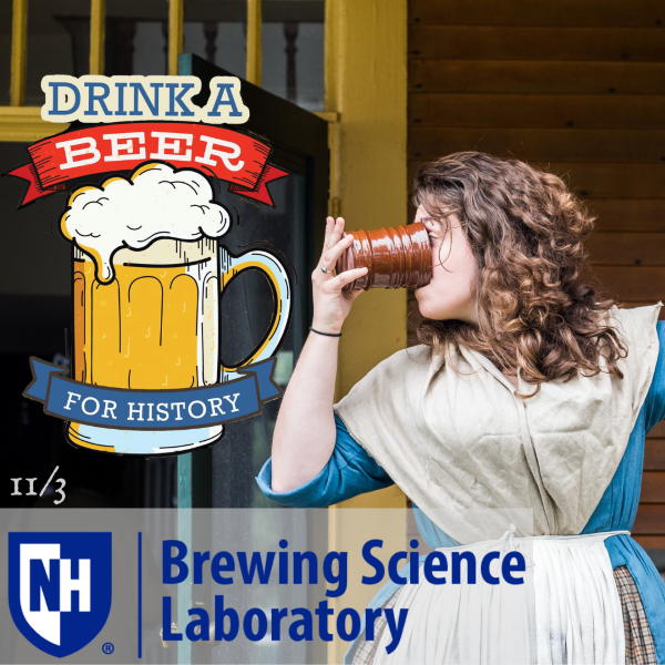 Woman in an 18th century blue dress with a white fichu over it drinks beer from a ceramic mug.